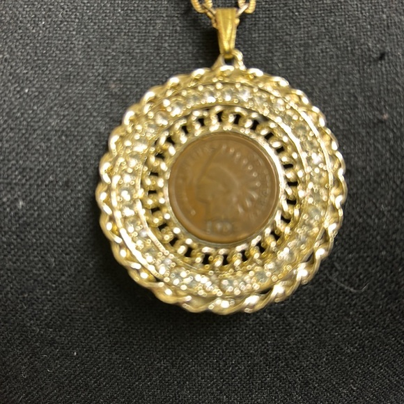 Copper 1902 Indian Head Penny Pendant Rhinestone Gold Rope Twist Necklace - Picture 2 of 7